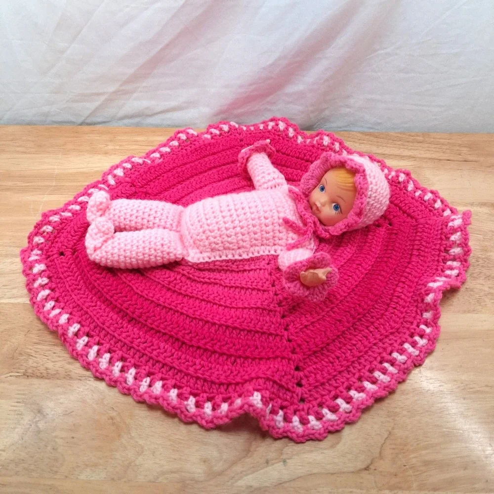 Vintage Crocheted Baby Doll In Blanket Pink and White Rubber Face Hands Granny
